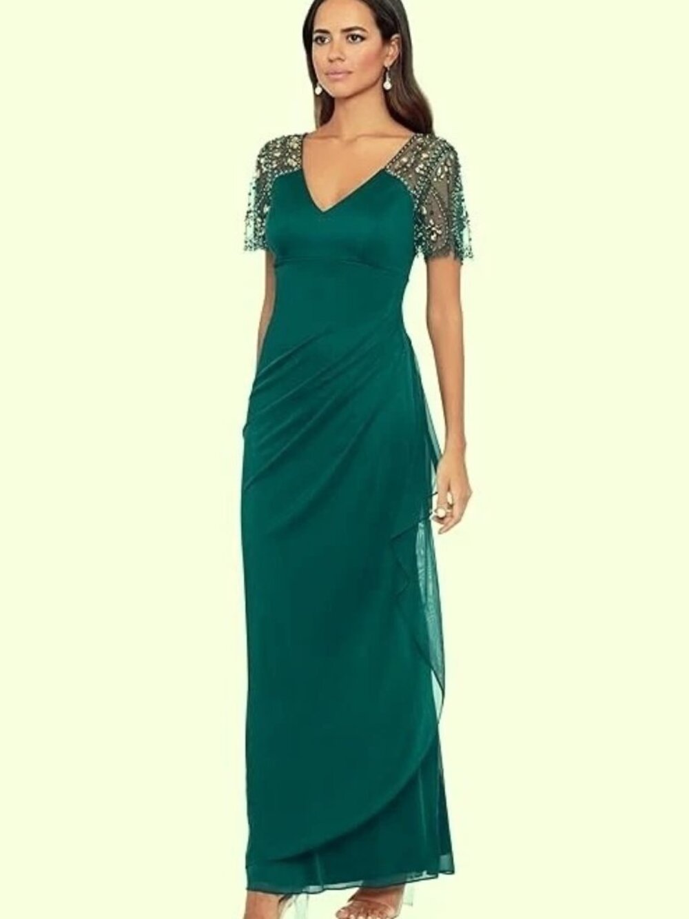 Xscape Neo Emerald Green Beaded Sleeve Ruched Column Gown